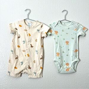 2x H&M baby animal lion dinosaur print onesie romper green ivory cream